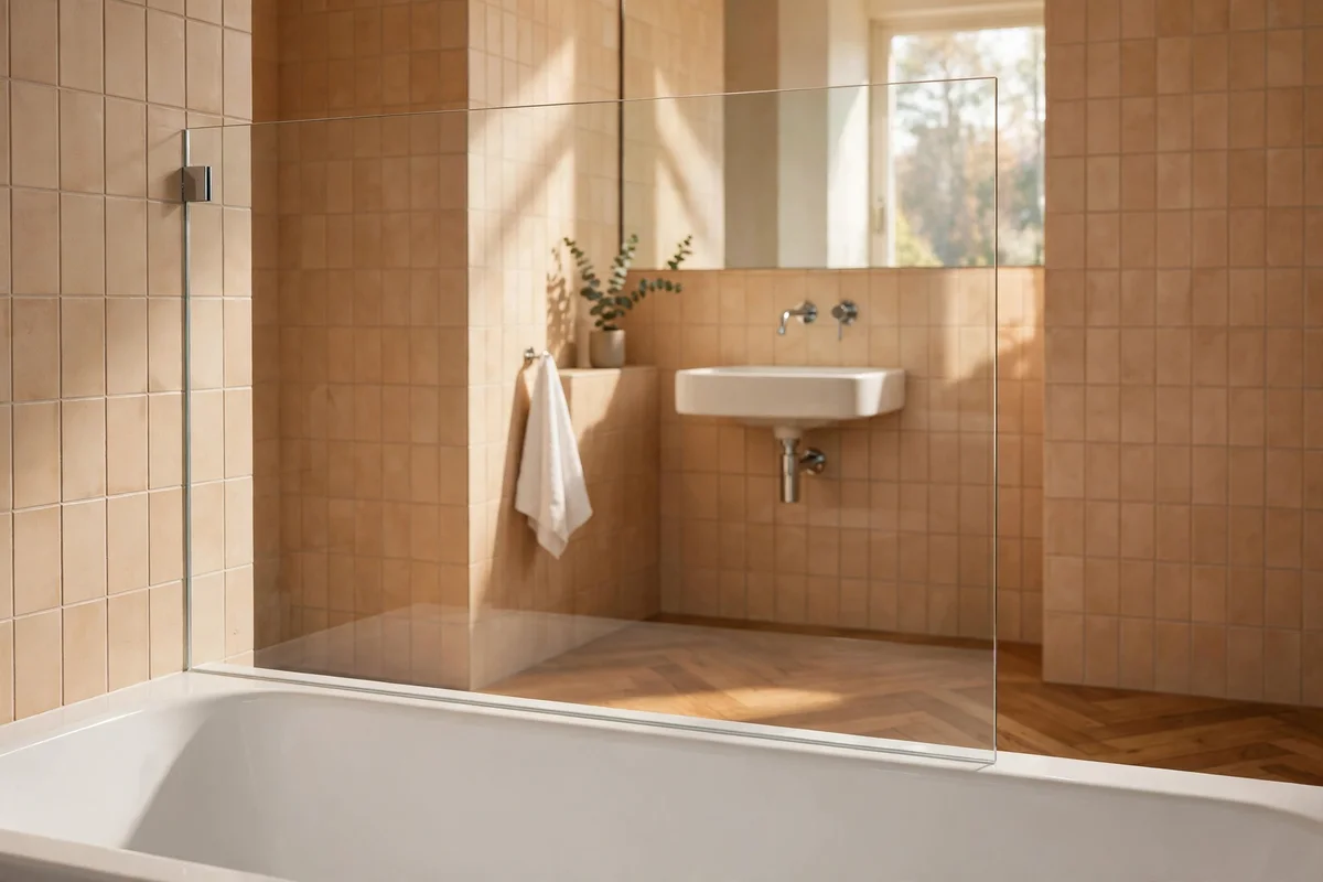 Clear glass bath screen keeping sight lines open across the bathroom