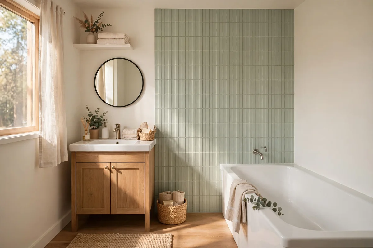 Peel and stick tile accent wall in pale sage in a rental bathroom