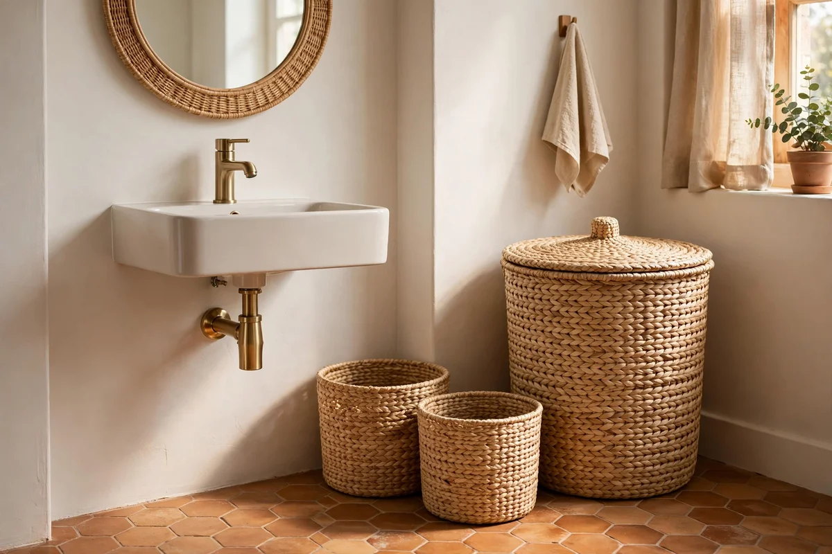 Woven baskets for laundry and towels in a small bathroom