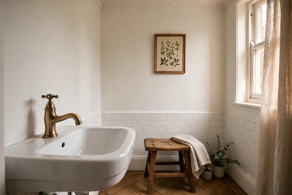 Brass tap, vintage oak stool and framed print as one heritage detail
