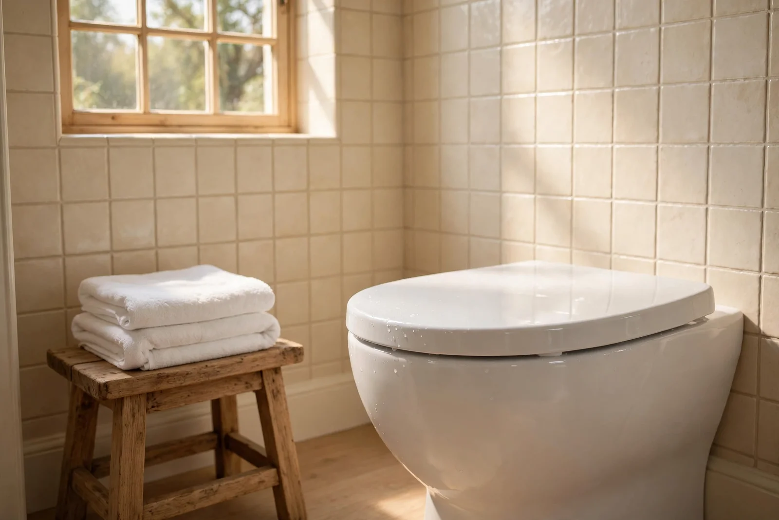 Bright porcelain toilet bowl in a calm, sunlit bathroom after mineral ring cleaning