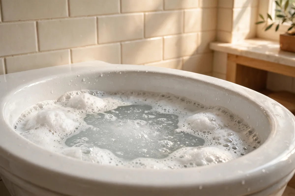 Baking soda and vinegar fizzing gently in a bright porcelain toilet bowl