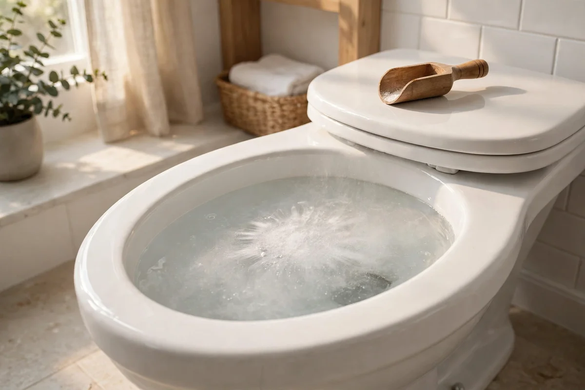 Citric acid powder dissolving in a porcelain toilet bowl with warm water