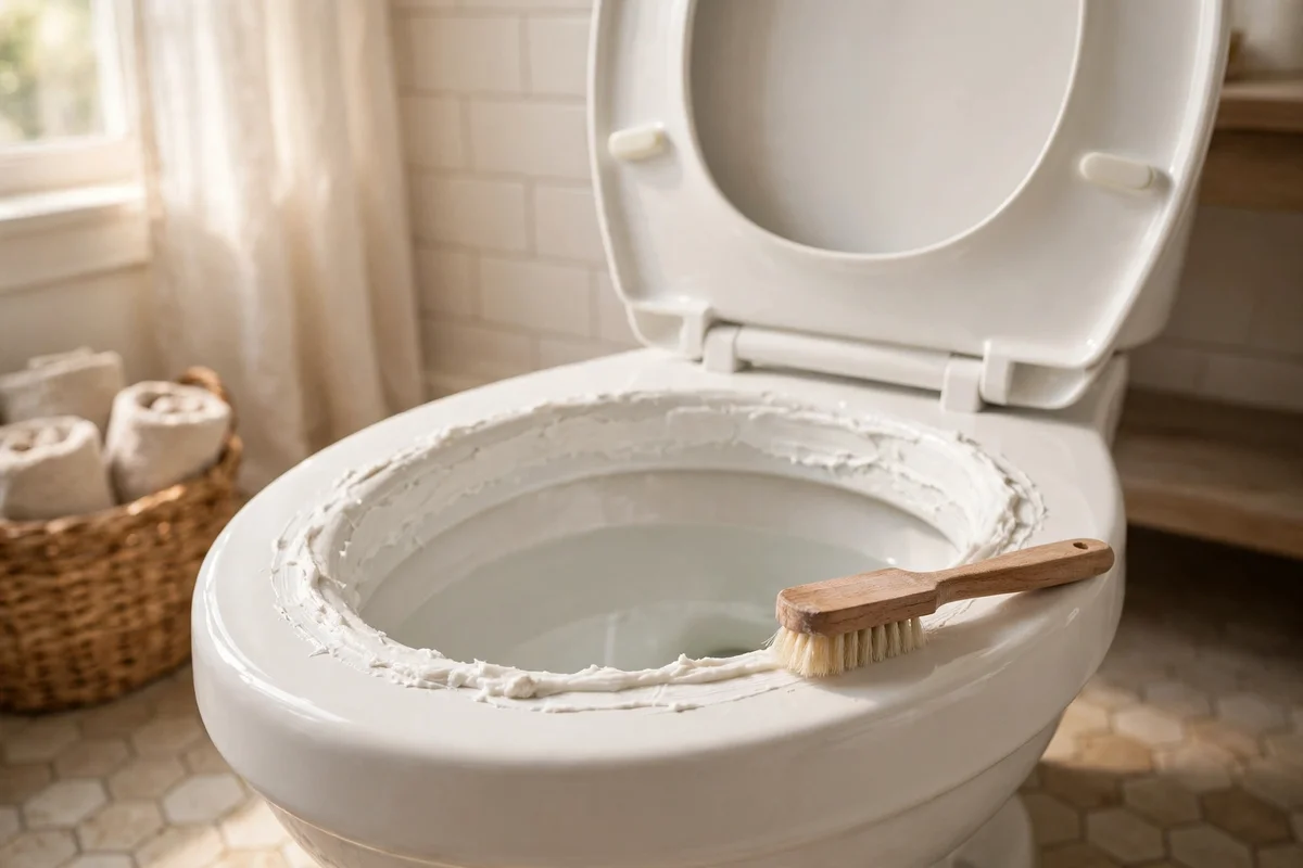 Borax paste applied under the rim of a porcelain toilet bowl