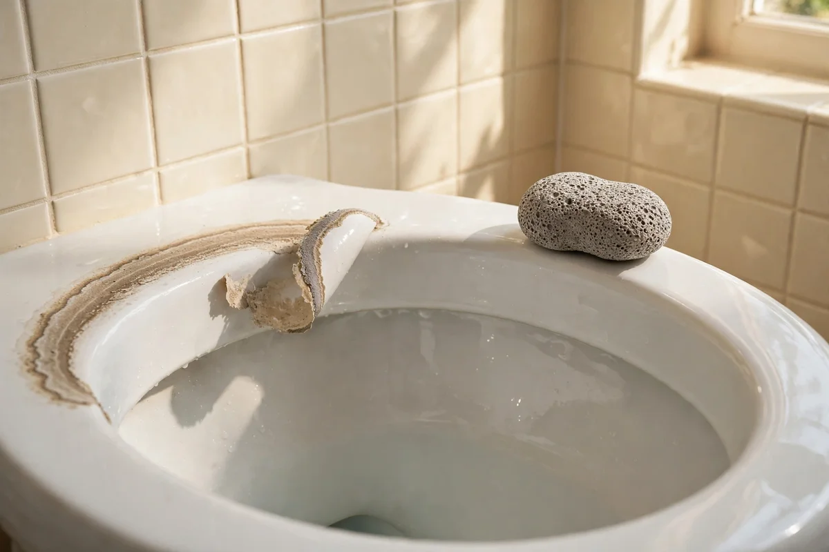 Porcelain safe pumice stone cleaning a toilet bowl ring in warm light