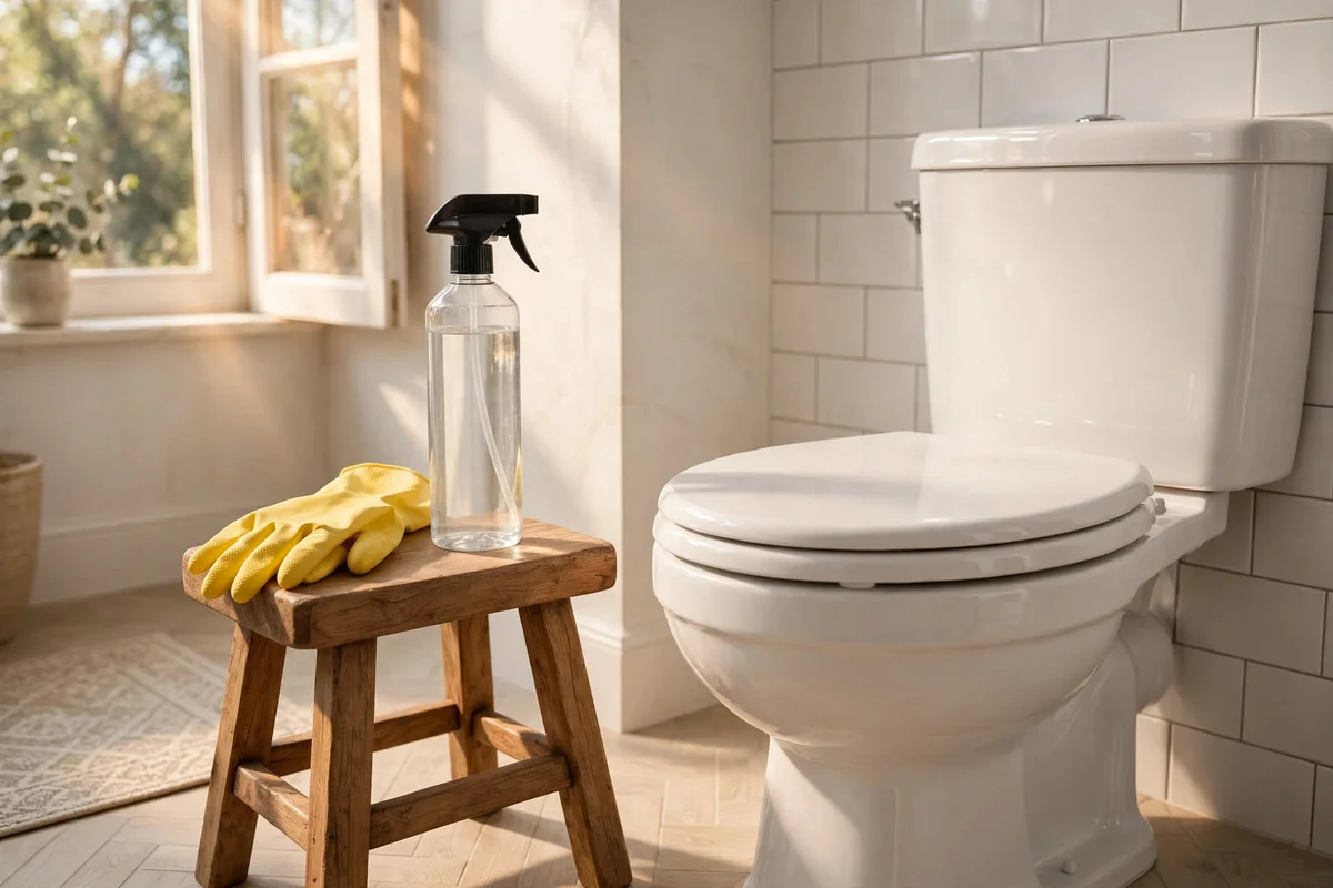 Commercial mineral remover bottle beside a clean porcelain toilet bowl