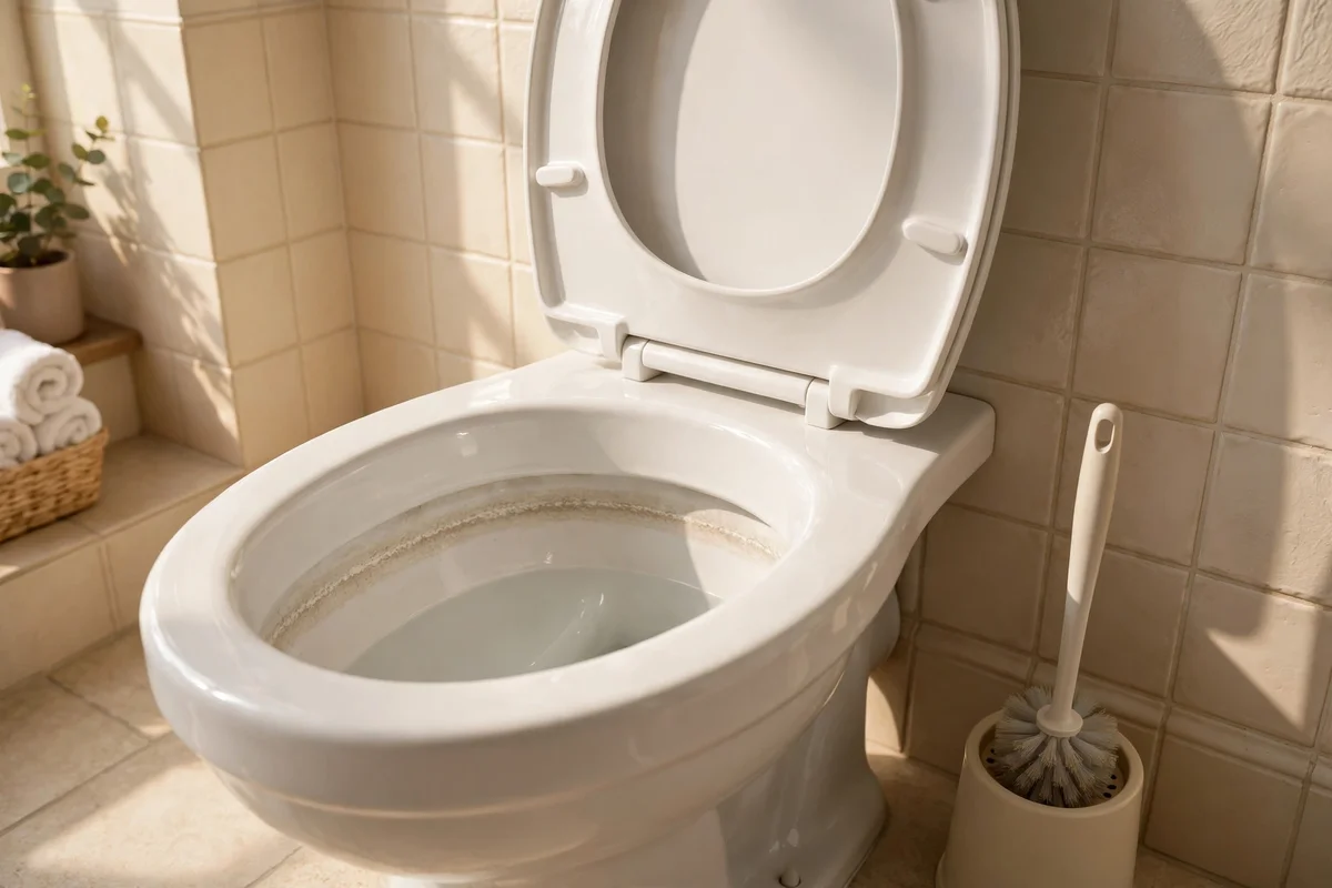 Toilet bowl with lowered water level ready for deep mineral cleaning