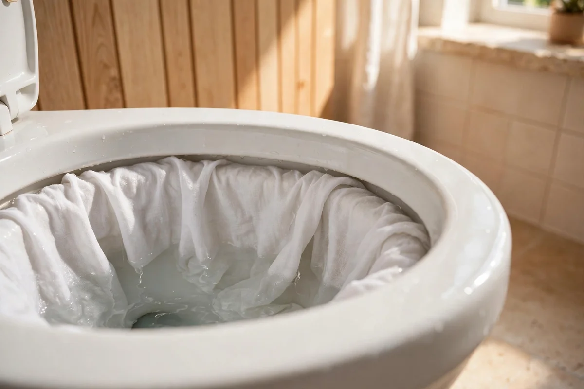 Vinegar soaked cloth resting on the waterline ring of a toilet bowl