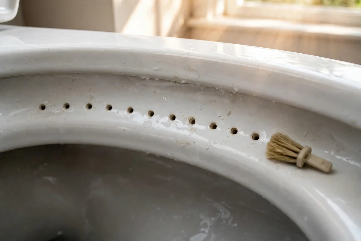 Clean toilet rim jets with a small brush in a bright bathroom