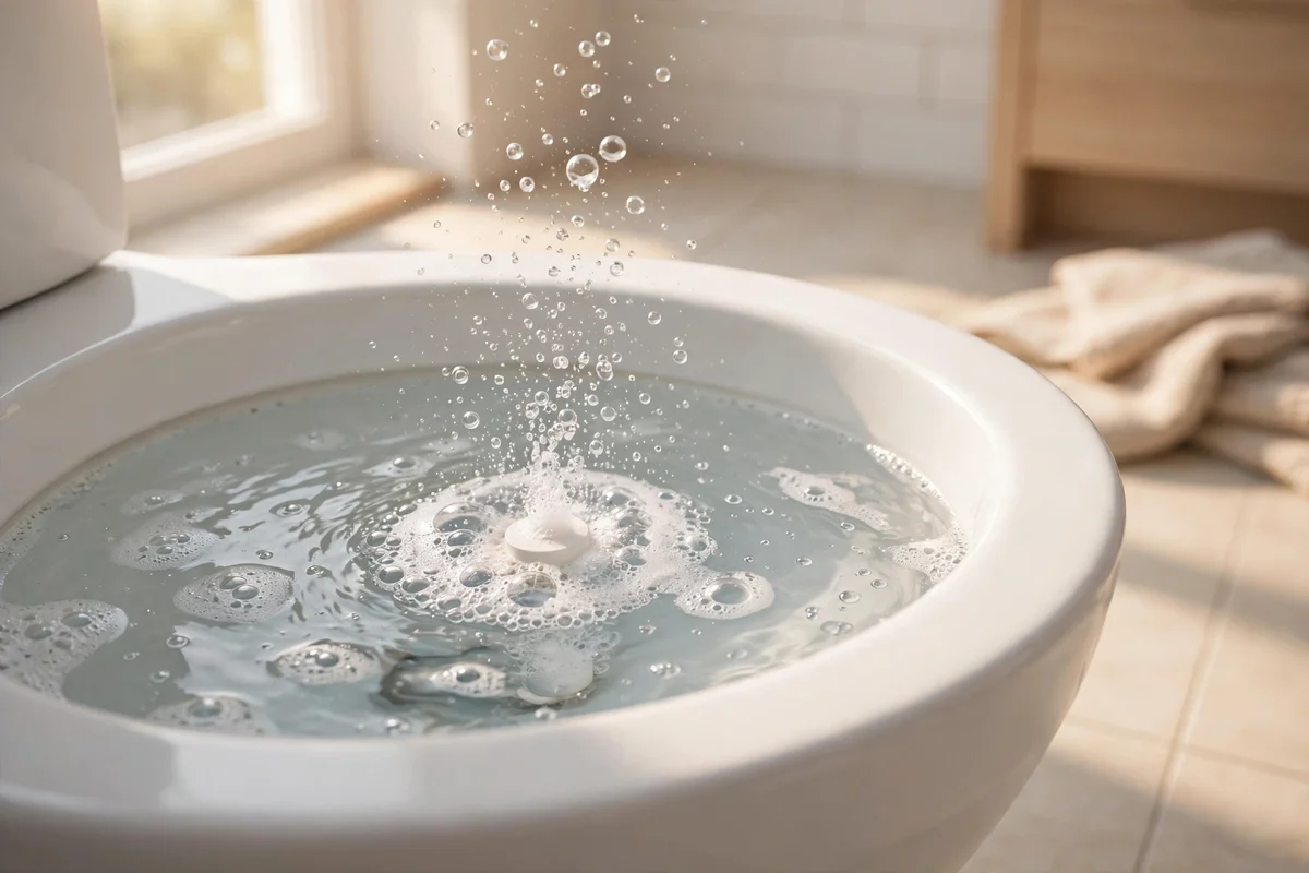 Denture cleaning tablet fizzing in a porcelain toilet bowl