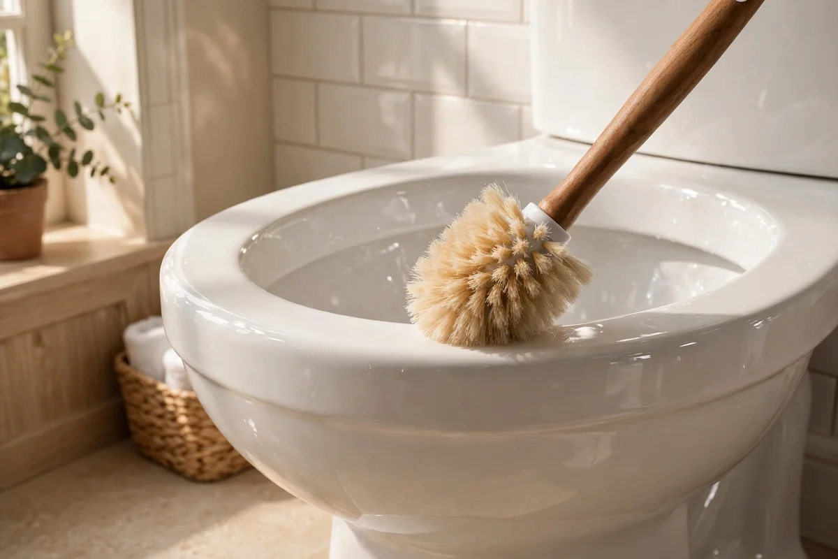 Gentle brushing preserving the shiny porcelain glaze of a toilet bowl