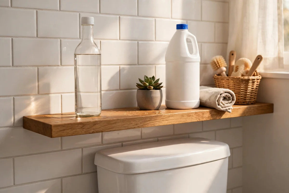 Mineral ring cleaner kept separate from bleach in a bright bathroom