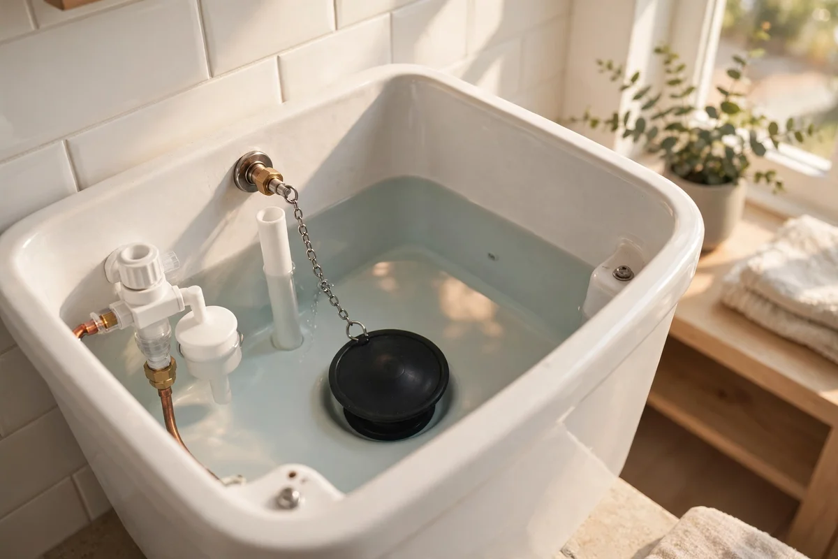 Toilet cistern with a fully sealing flapper and calm still water