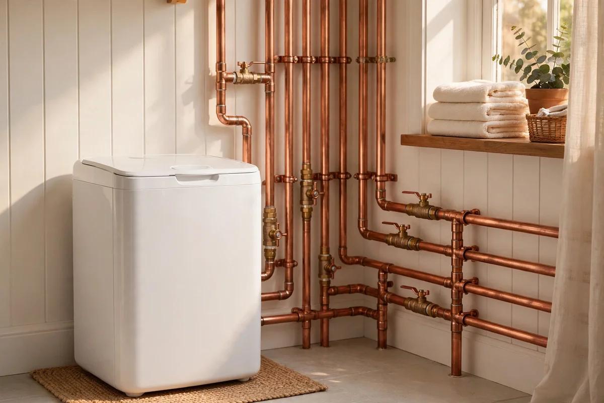 Compact water softener unit beside plumbing in a tidy utility space