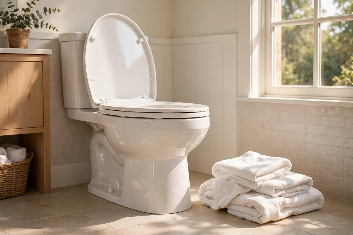 Bright toilet seat and base polished with soft white cloths