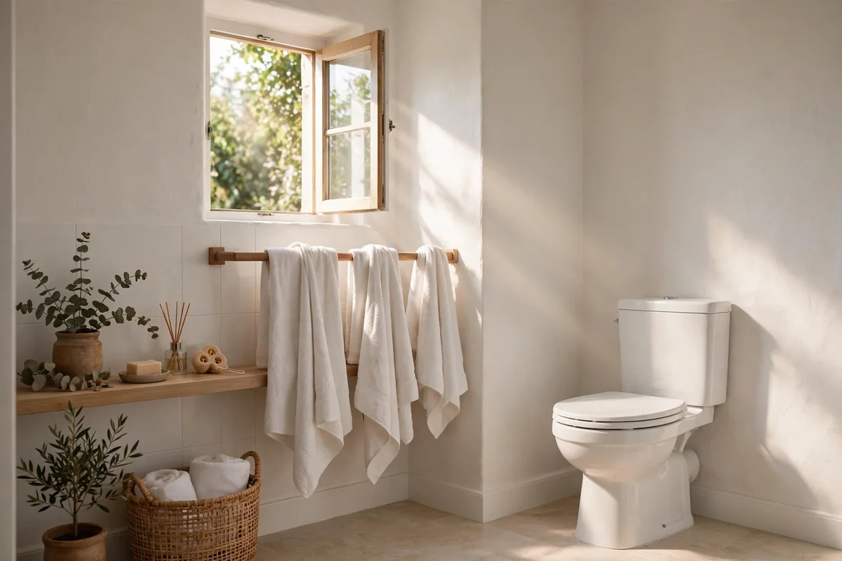 Airy bathroom with an open window and fresh towels drying naturally