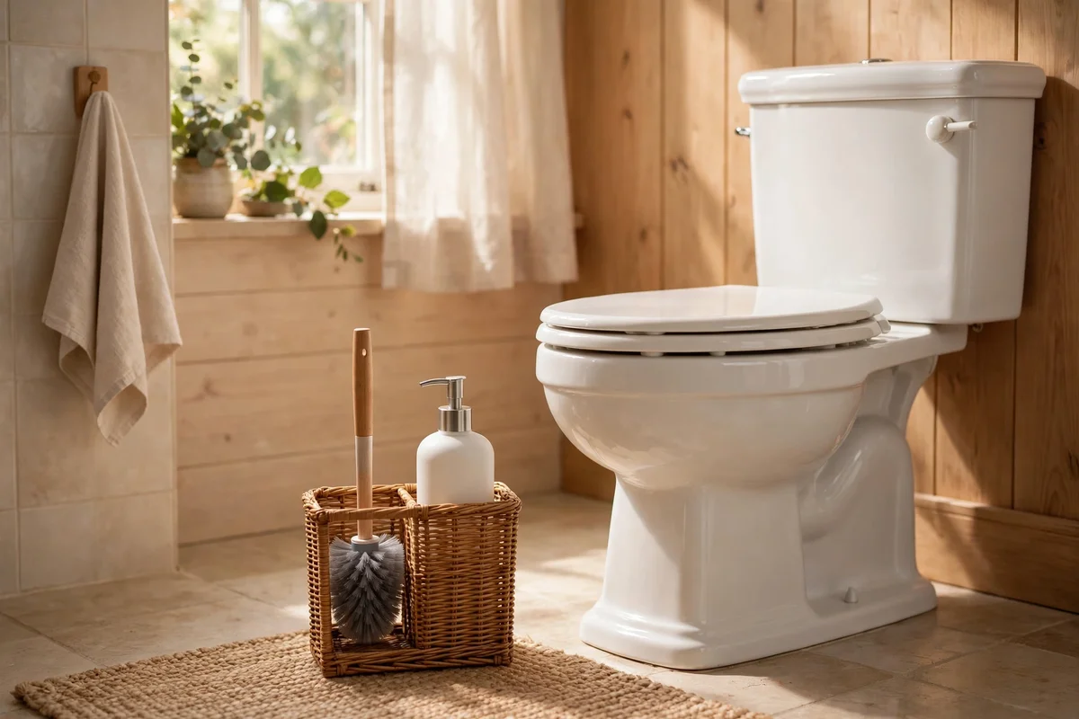Tidy caddy with brushes and cleaners beside a porcelain toilet