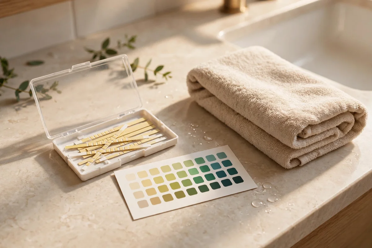 Tested water hardness strip kit on a bathroom counter in warm light
