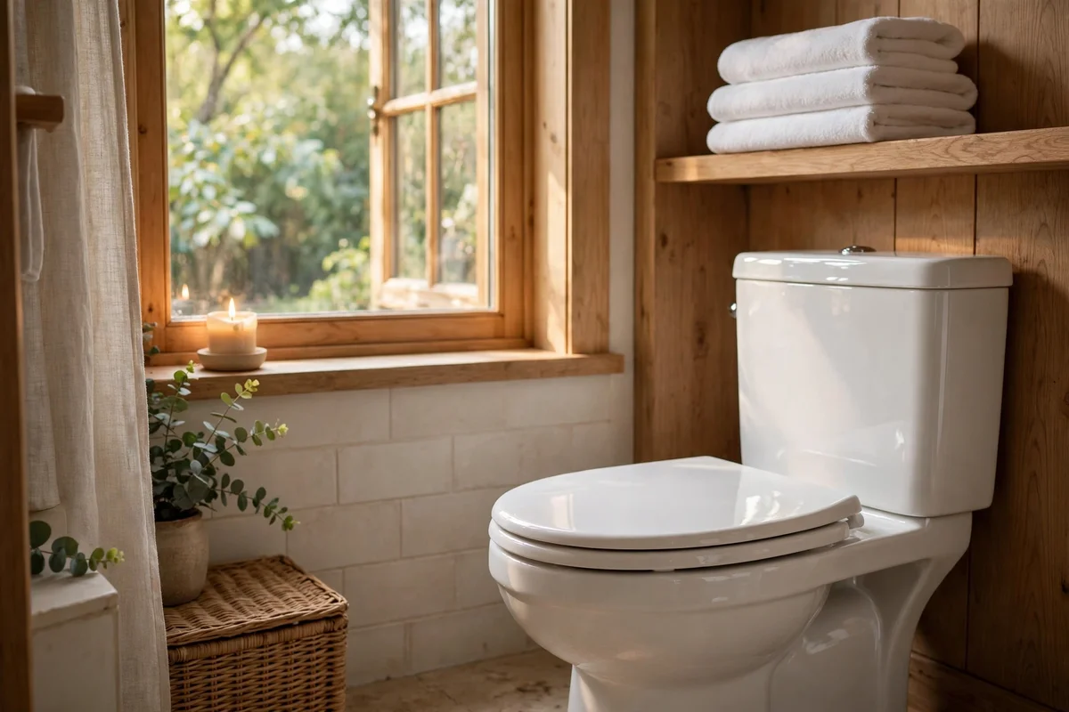 Serene bathroom with folded white towels and a softly glowing candle