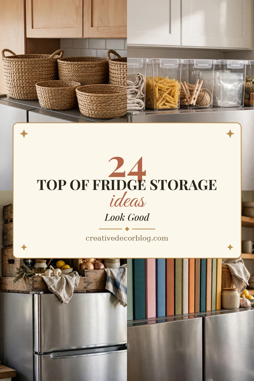 24 top of fridge storage ideas Pinterest pin collage