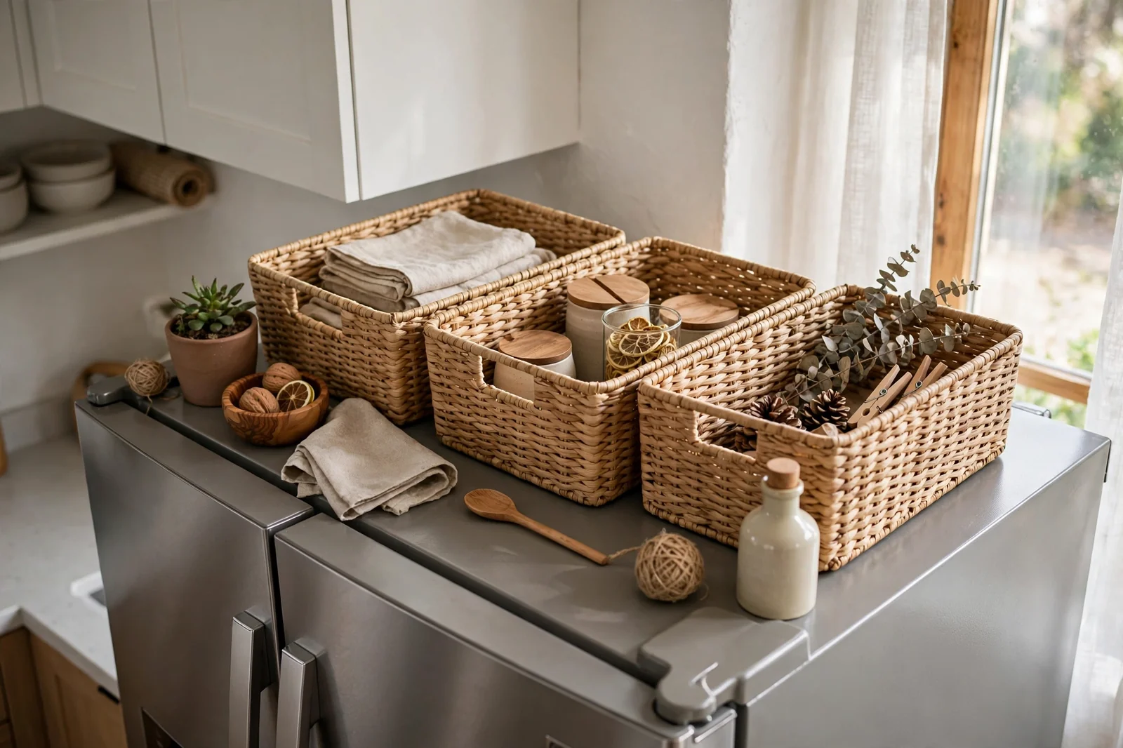 Organized top of fridge with matching baskets