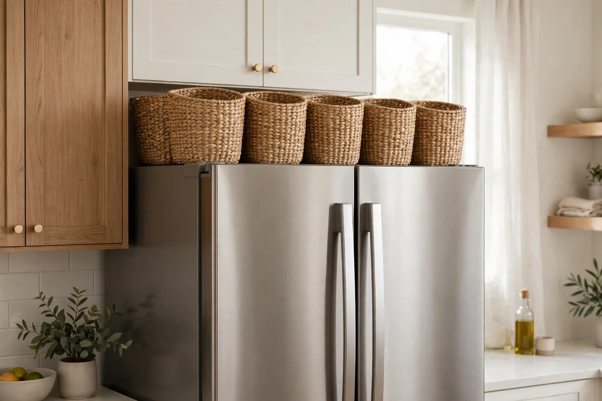 Matching woven baskets on top of fridge