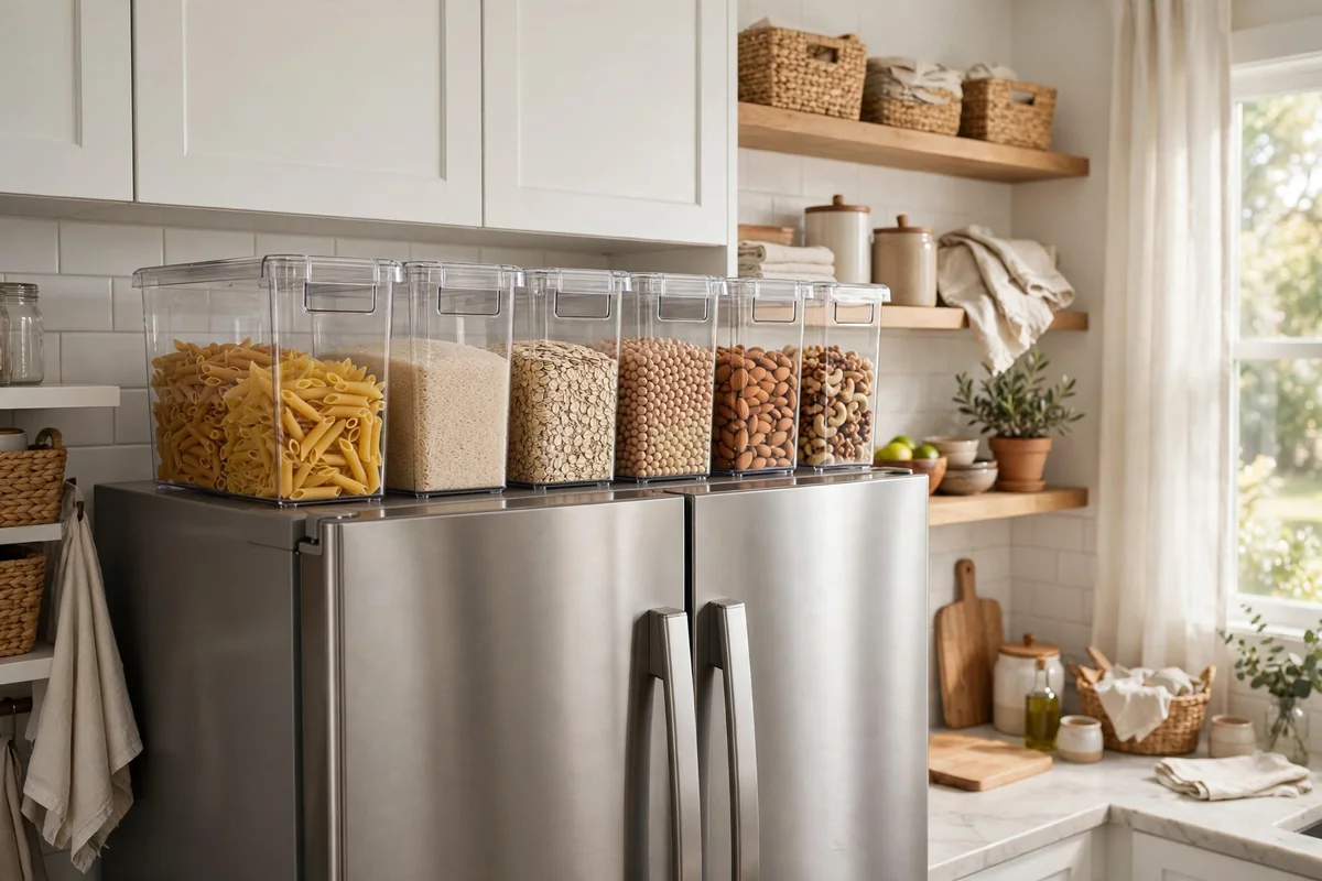 Clear labeled storage bins on fridge top