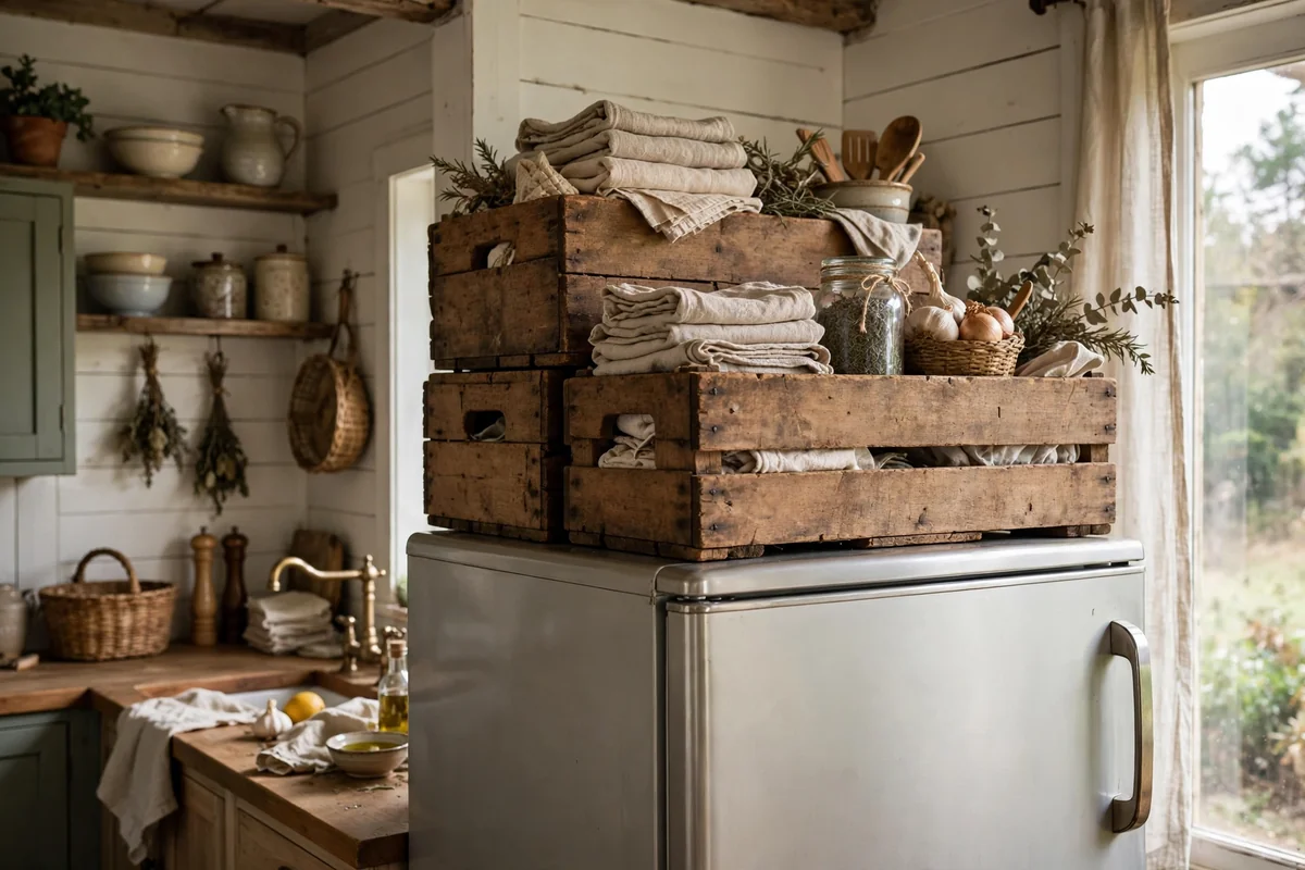 Wooden crates storing items on fridge