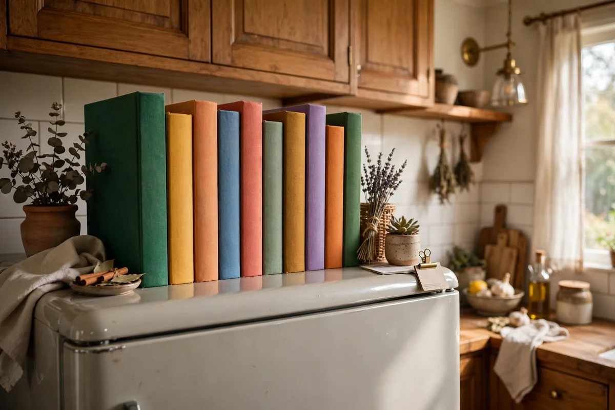 Cookbooks displayed on top of refrigerator