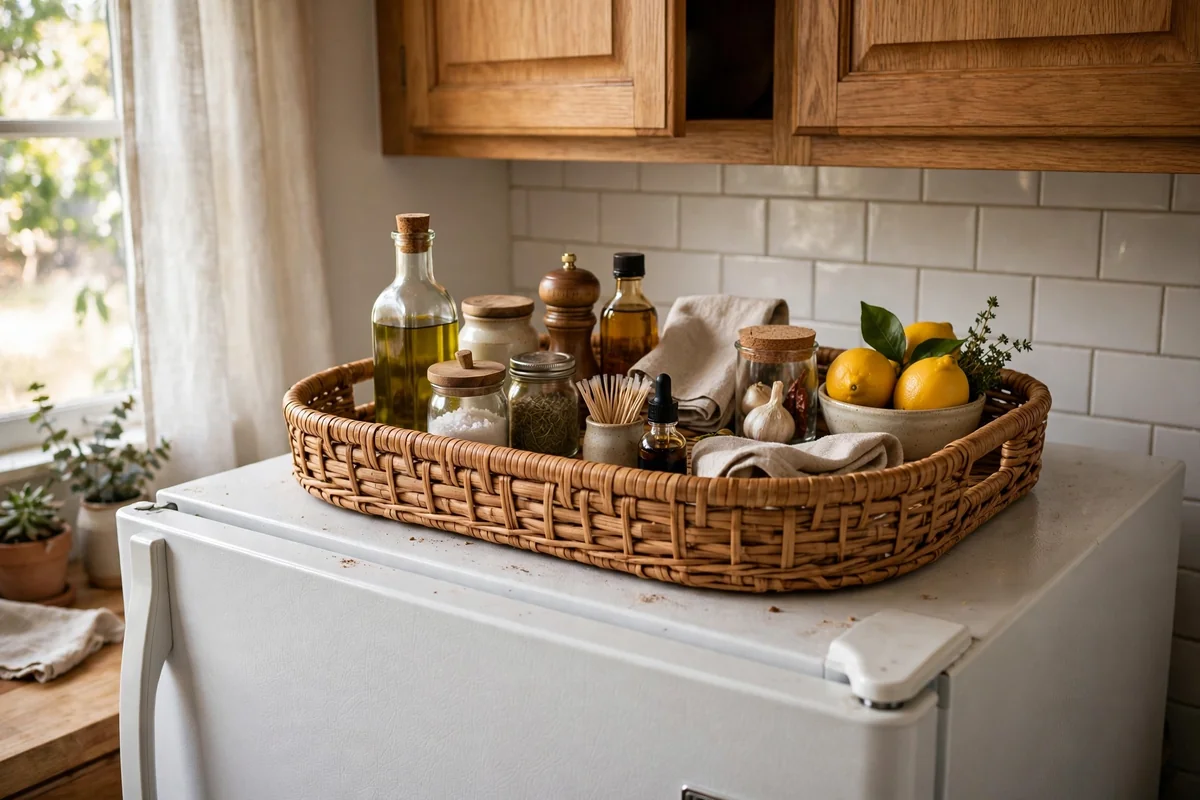 Wicker tray organizing items on fridge top