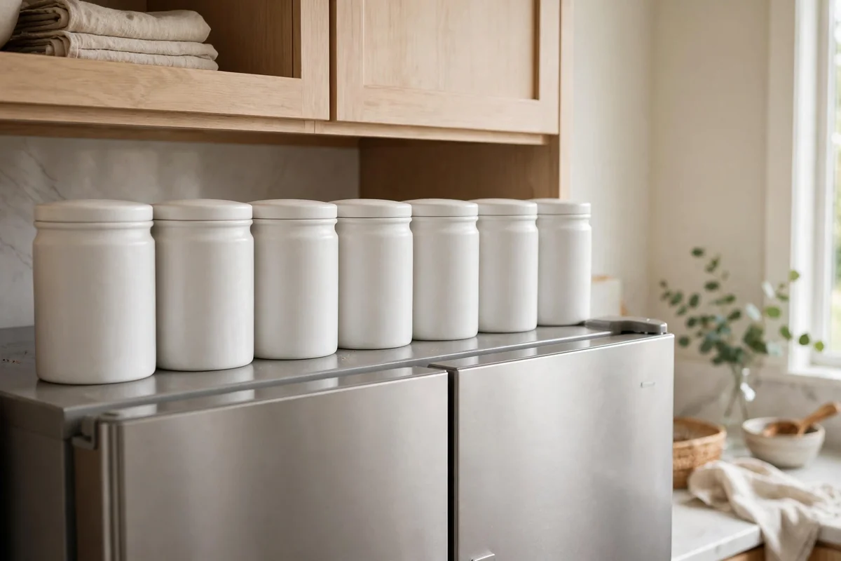 Uniform canisters stored on top of fridge