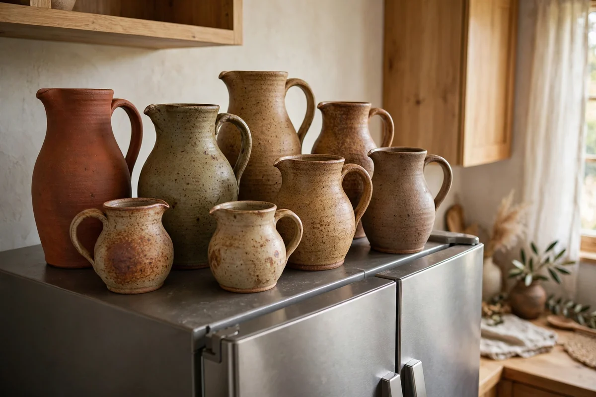Ceramic pitchers displayed on fridge top