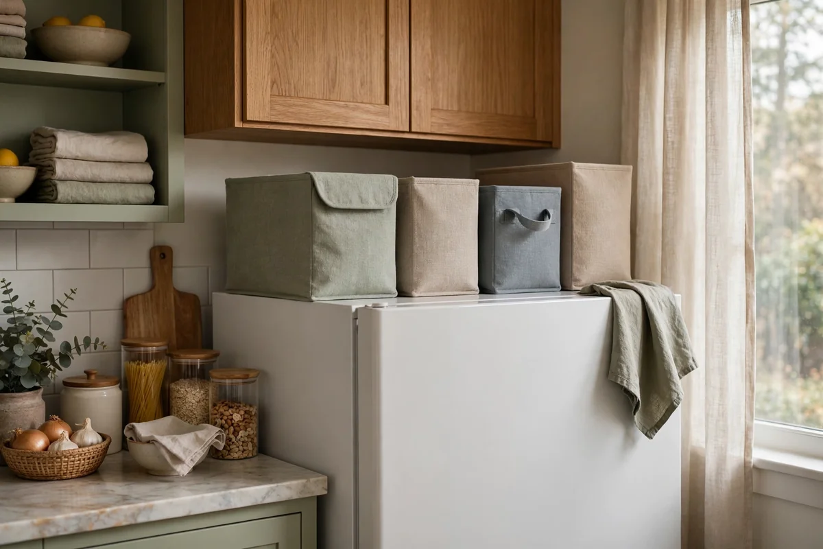 Fabric storage boxes on top of refrigerator