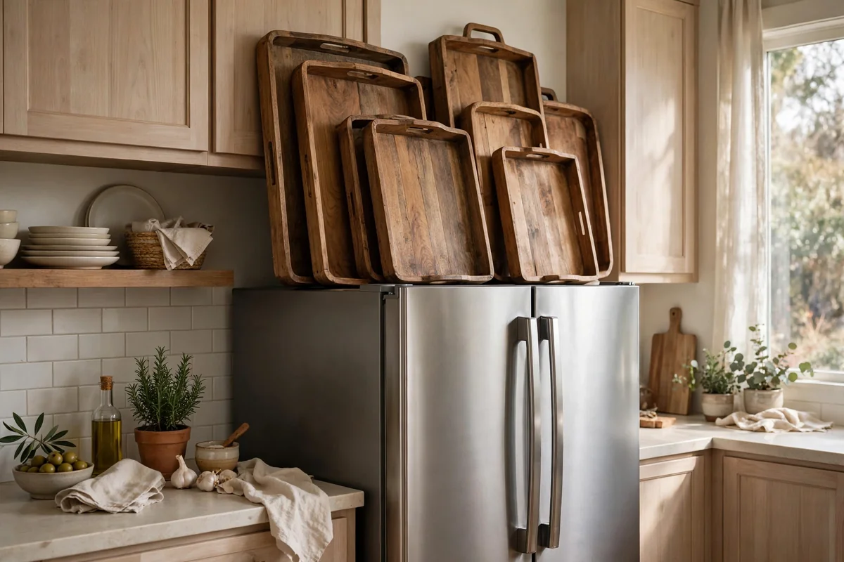 Oversized serving trays stored above fridge