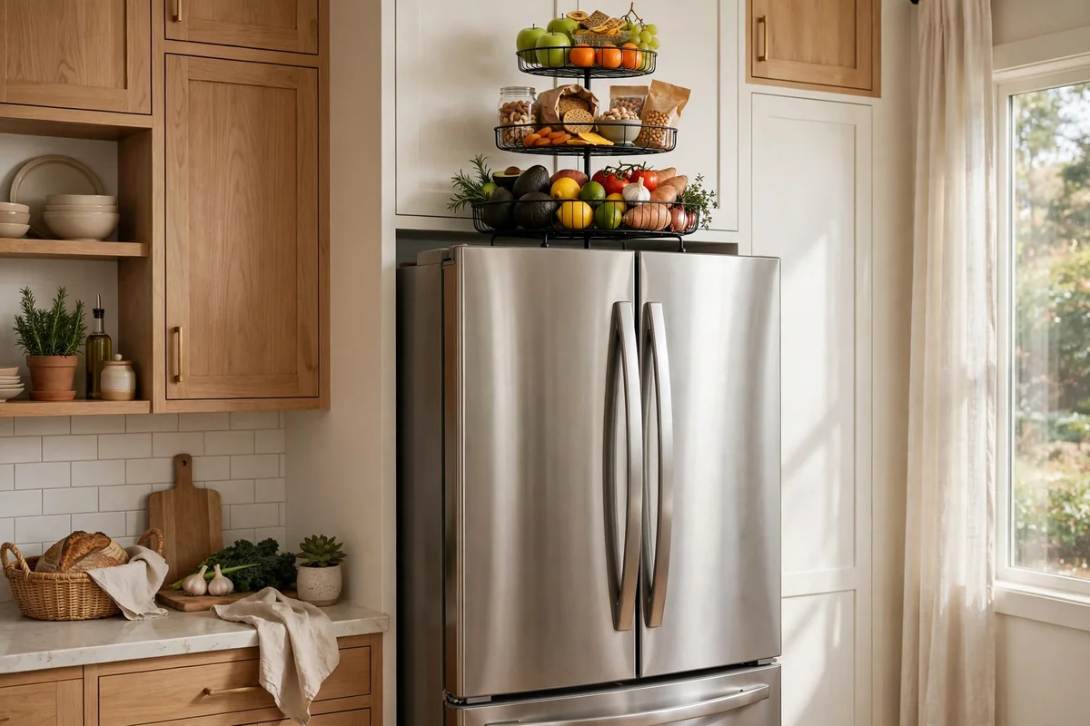 Tiered basket stand on top of fridge