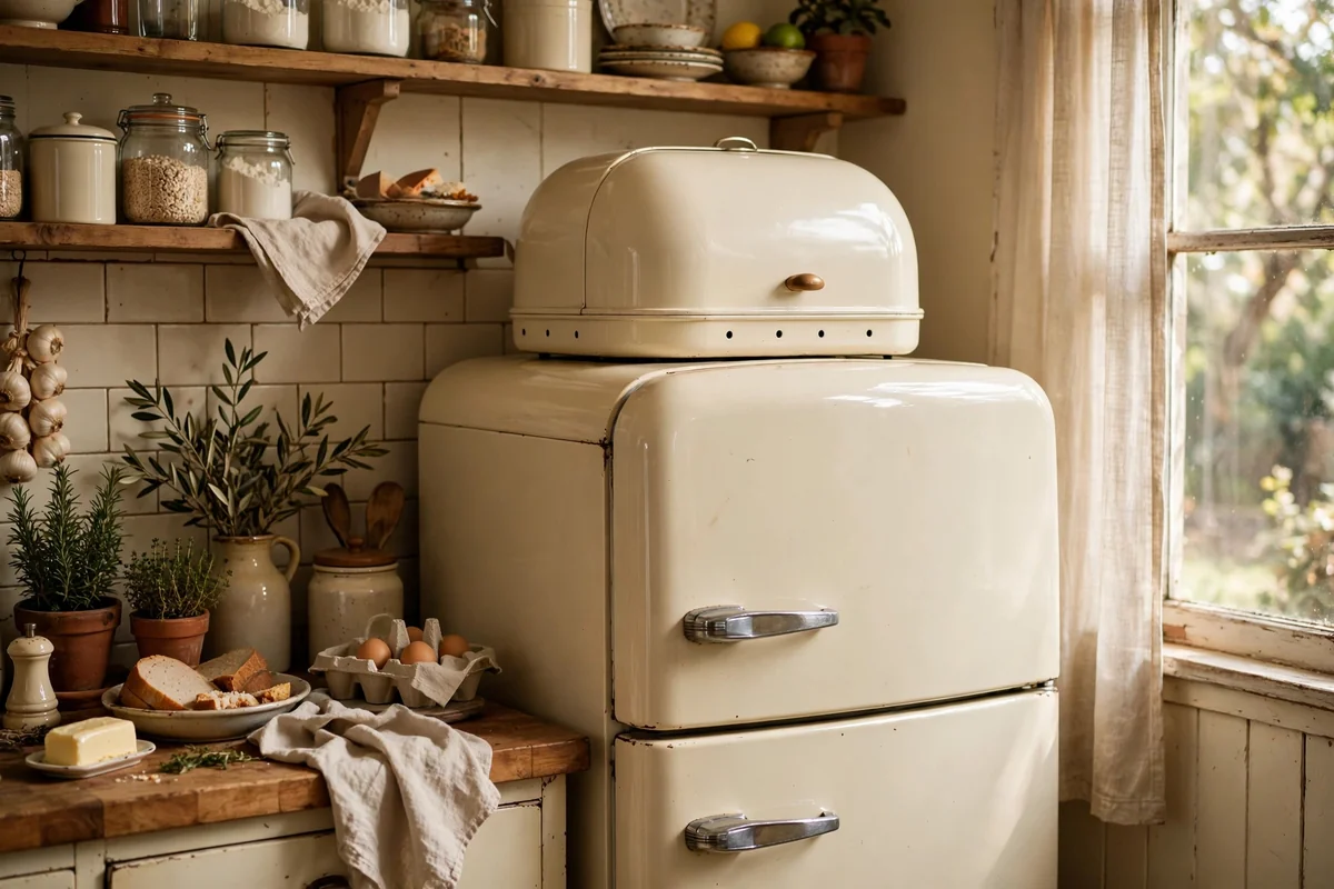 Vintage bread box on top of refrigerator