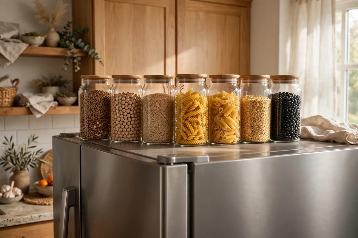 Glass jars with bulk goods on fridge top