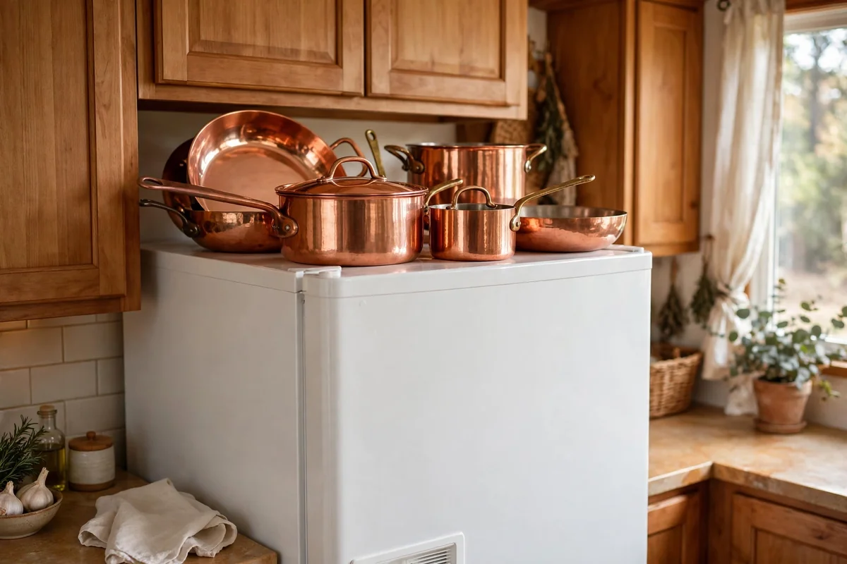 Copper pots displayed on top of fridge