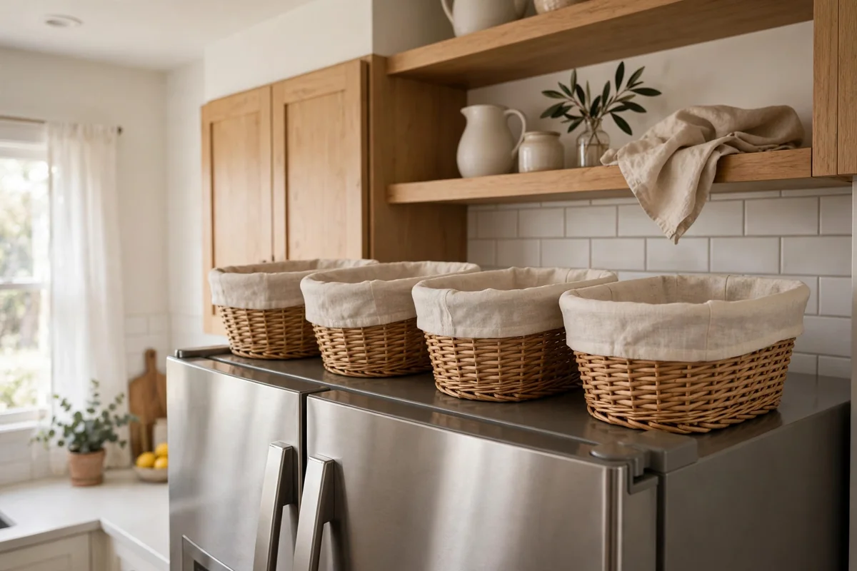 Linen-lined baskets on top of refrigerator