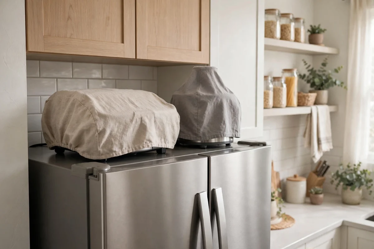 Small appliances stored on fridge top
