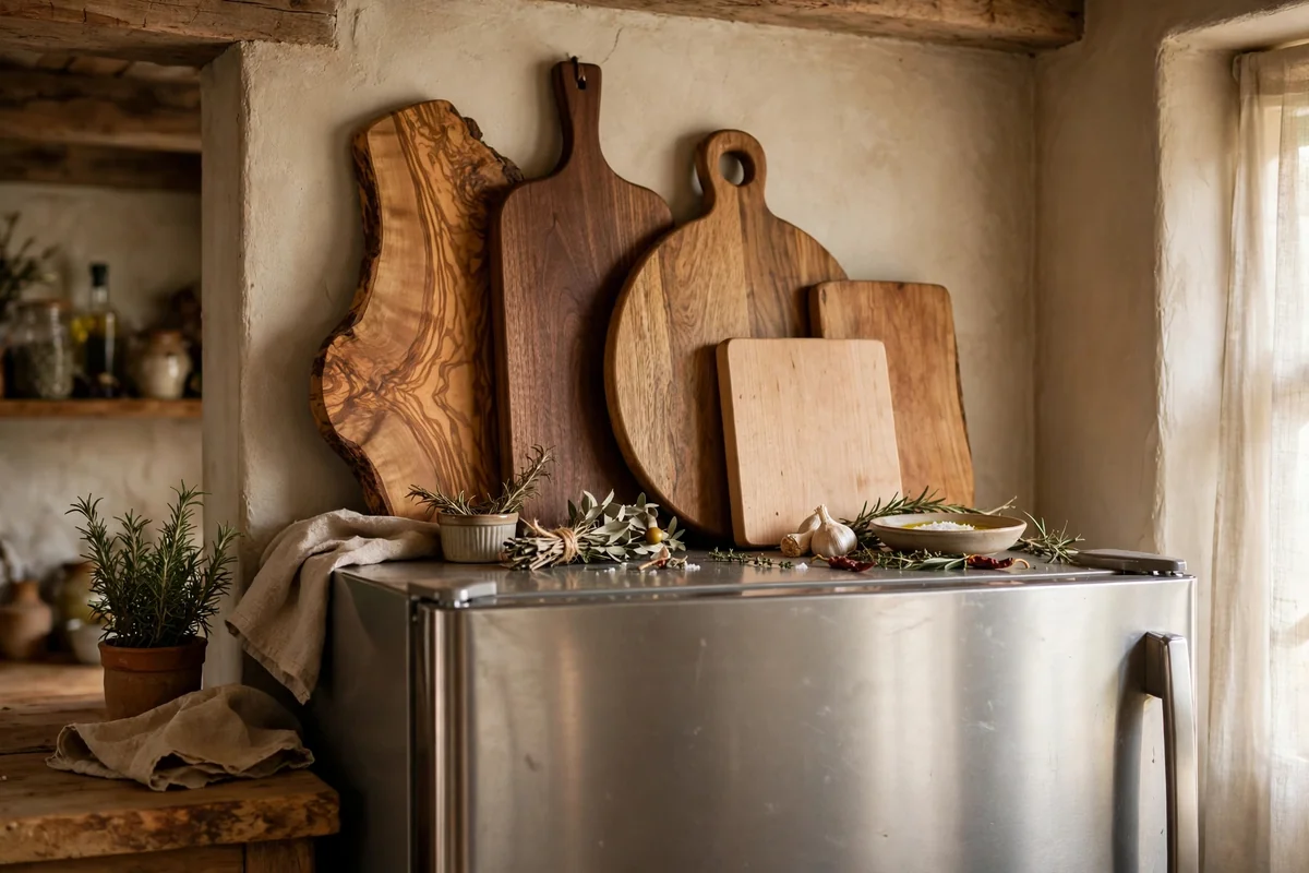 Decorative cutting boards on top of fridge