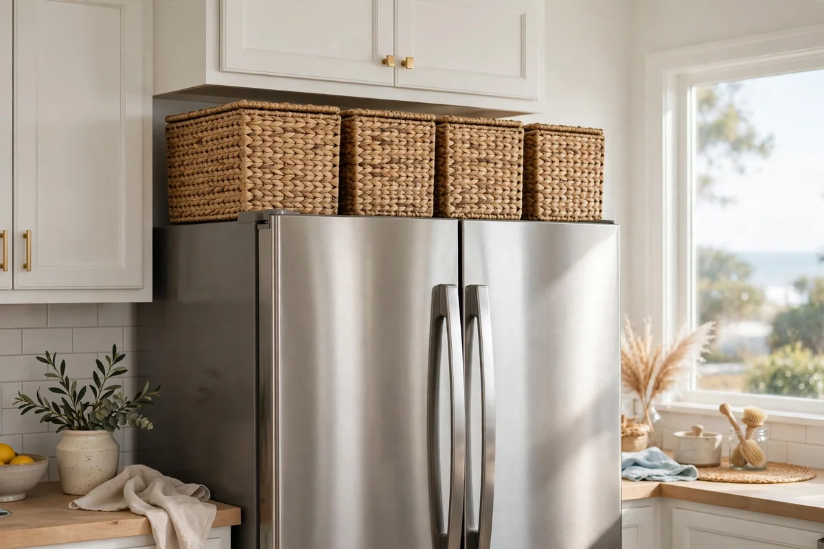 Woven seagrass bins on fridge top