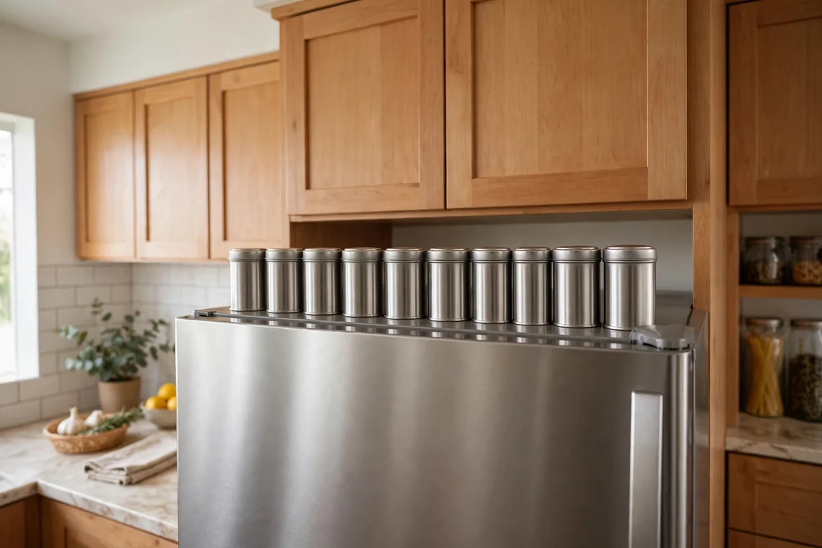 Uniform spice tins stored on refrigerator top