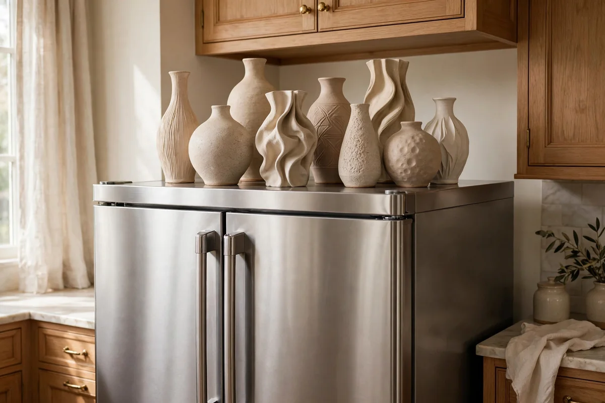 Ceramic vases displayed on top of fridge