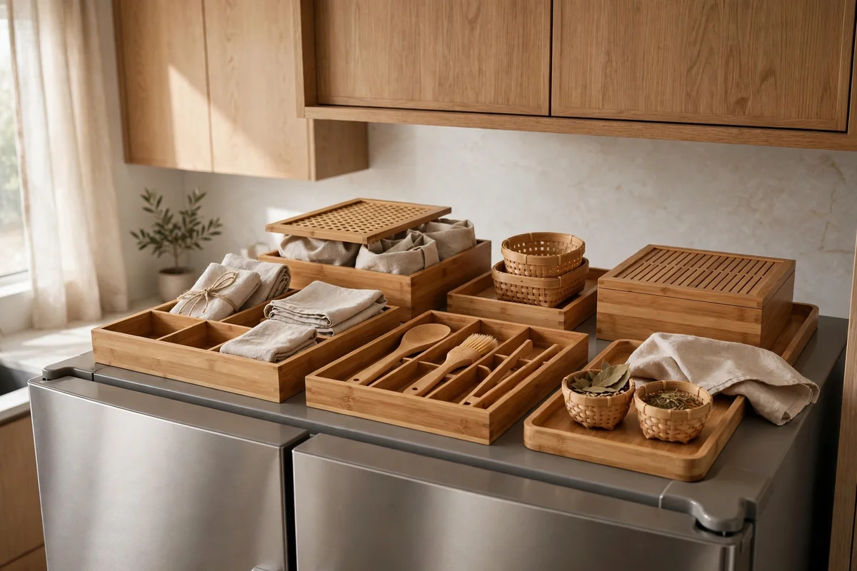 Bamboo organizers on top of refrigerator