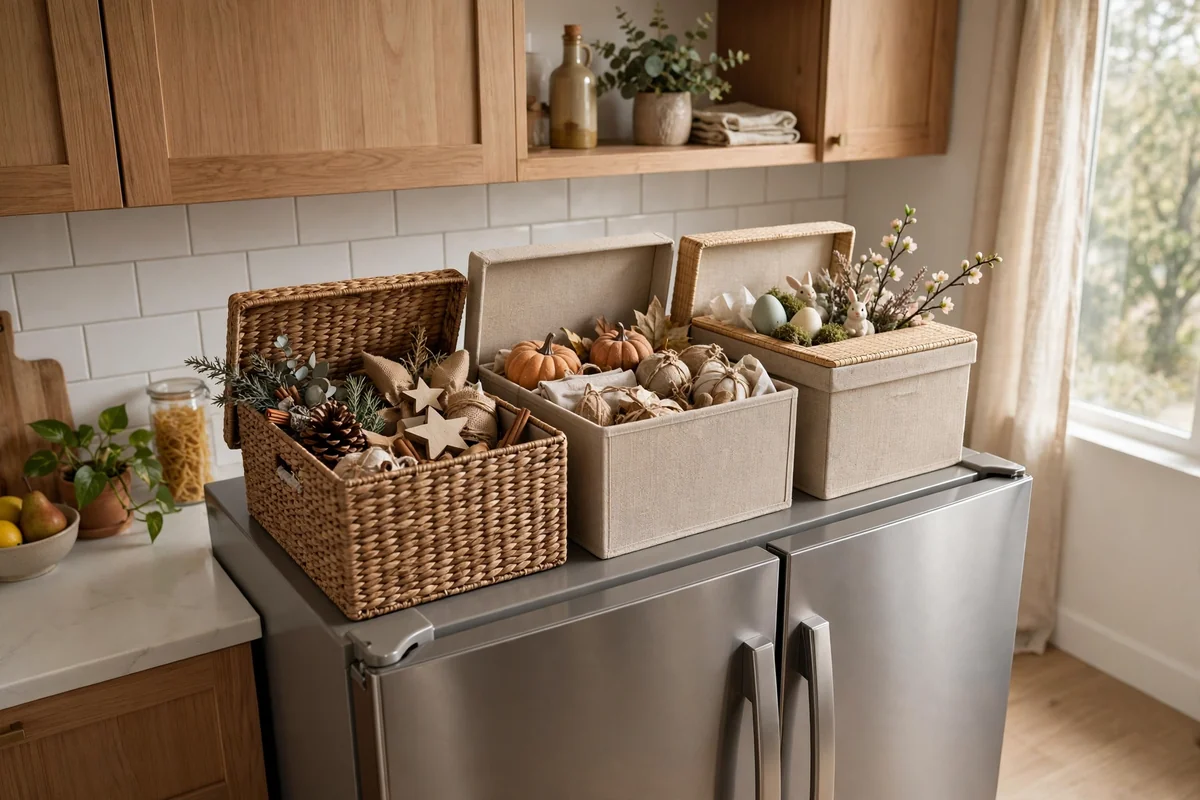 Seasonal decor stored on top of fridge
