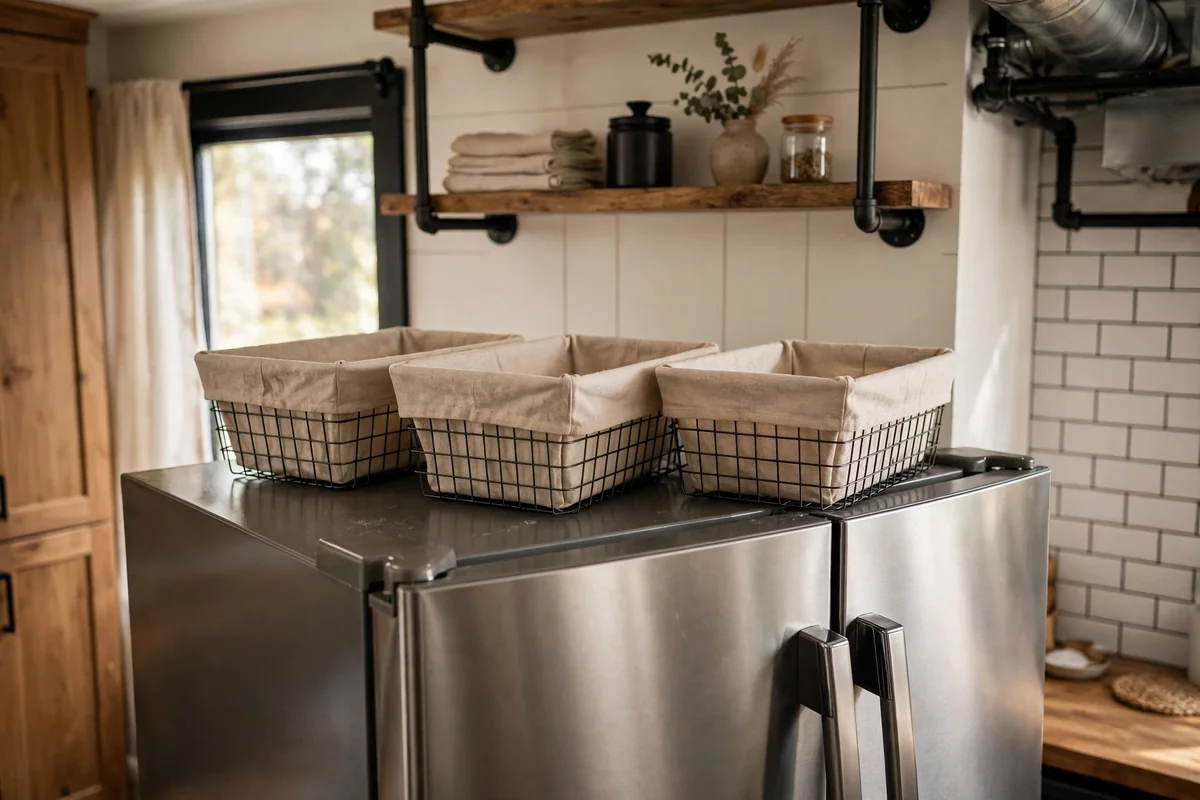 Wire baskets with liners on fridge top