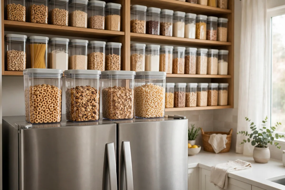 Matching cereal containers on top of refrigerator