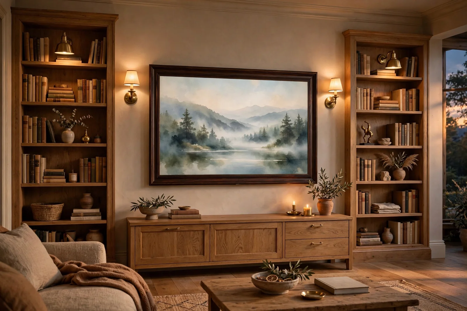Styled TV feature wall with shelves, sconces and a framed screen showing a soft landscape