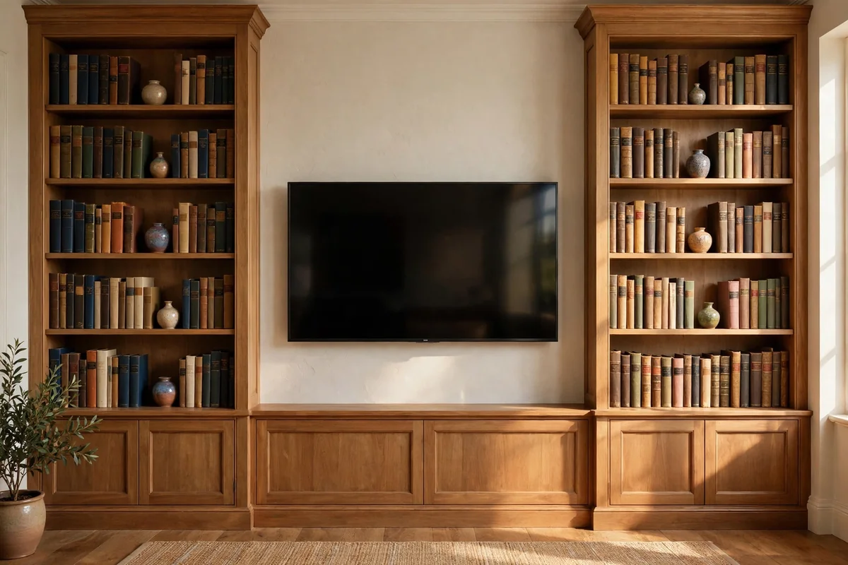 TV framed by twin built-in bookshelves in a calm living room